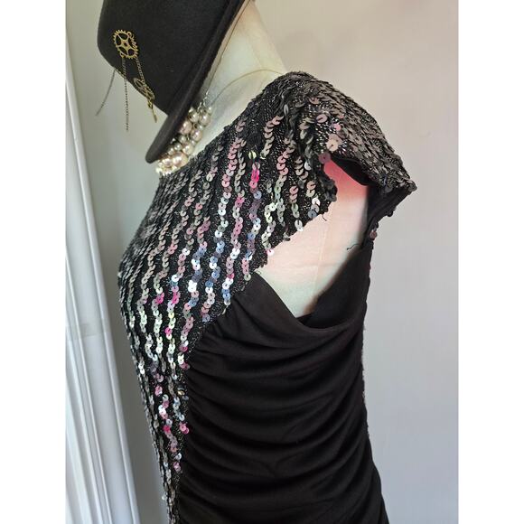 Vintage Climax Dress David Howard Sequin Bodycon ruched side flutter sleeves - Picture 5 of 9